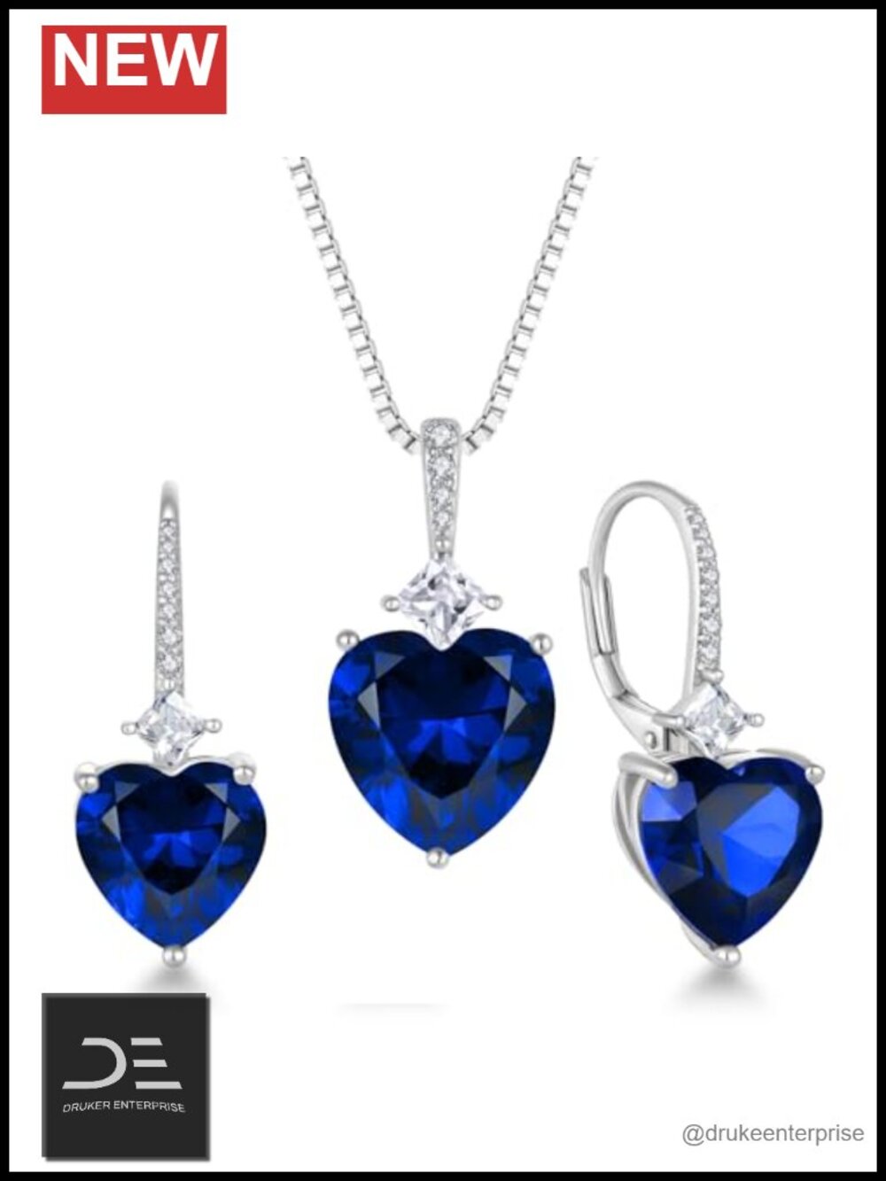 Heart Sapphire 925 Sterling Silver Necklace & Leverback Earrings Jewelry Set
